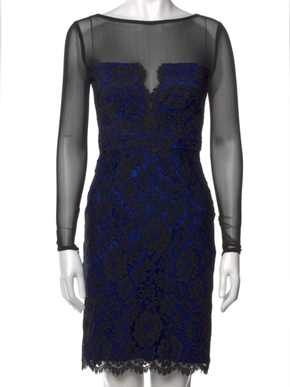 Monique Lhuillier Black & Royal Blue Long Sleeve Lace Sheath Dress